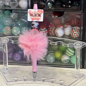 Handcrafted Charming Pink Fluffy Heart Valentine Beaded Pen
